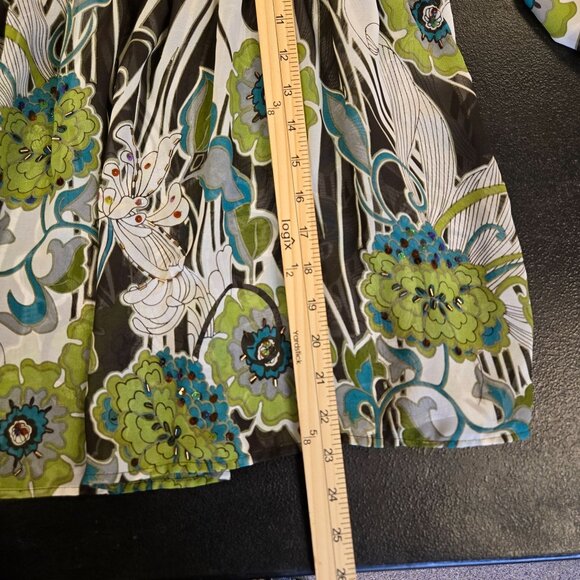 Women's Sheer Green Brown Hippy Floral Print Peasant Top M 3/4 Sleeve Boho Style - Picture 5 of 10